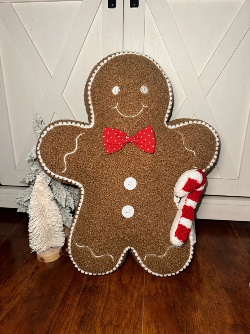 Gingerbread Man Holiday Pillow with Red Bow and Candy Cane